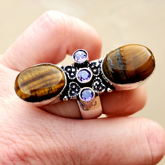 New Stunning Oversized Tiger Eye and Amethyst 925 Silver Statement Ring. - Picture 11 of 16